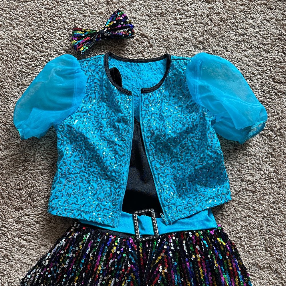 Girls Dance Costume MC Blue Sequin Jacket and Black Tank w/ Multi-Colored Skirt
